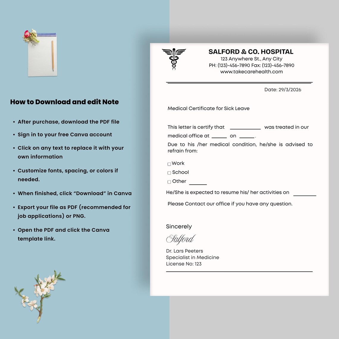 Editable Doctor Excuse Note Template, Medical Absence Letter, Work ...