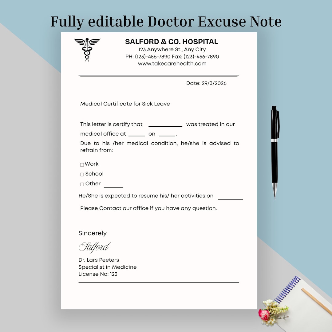 Excuse Note Form.pdf Editable Doctor Excuse Note Template, Medical Absence Letter, Work ...