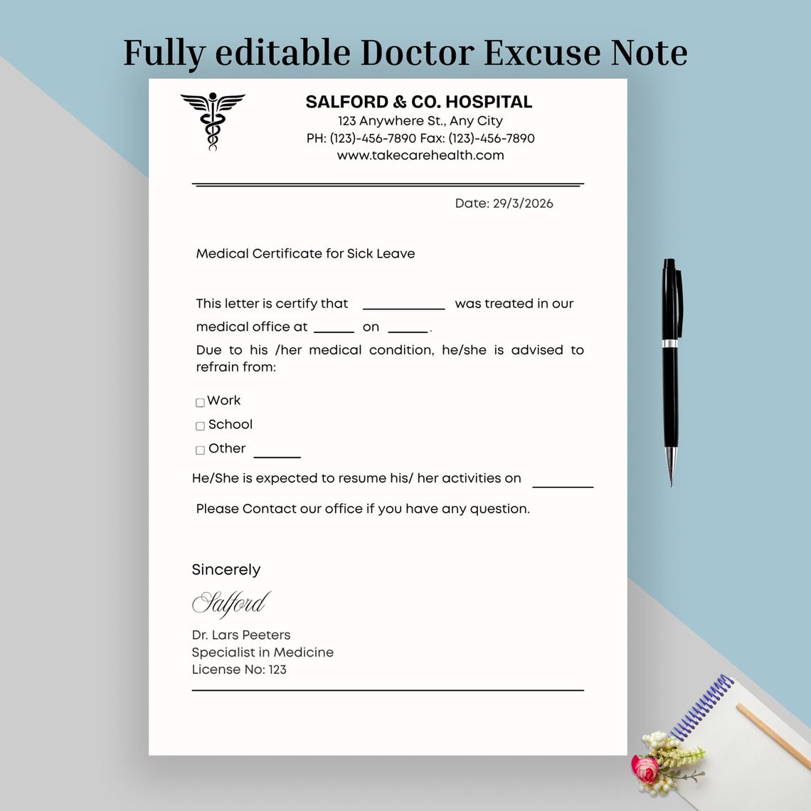 Editable Doctor Excuse Note Template, Medical Absence Letter, Work ...