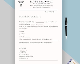 Modello di certificato medico modificabile, lettera di assenza per motivi di salute, modulo scuola-lavoro, Canva PDF