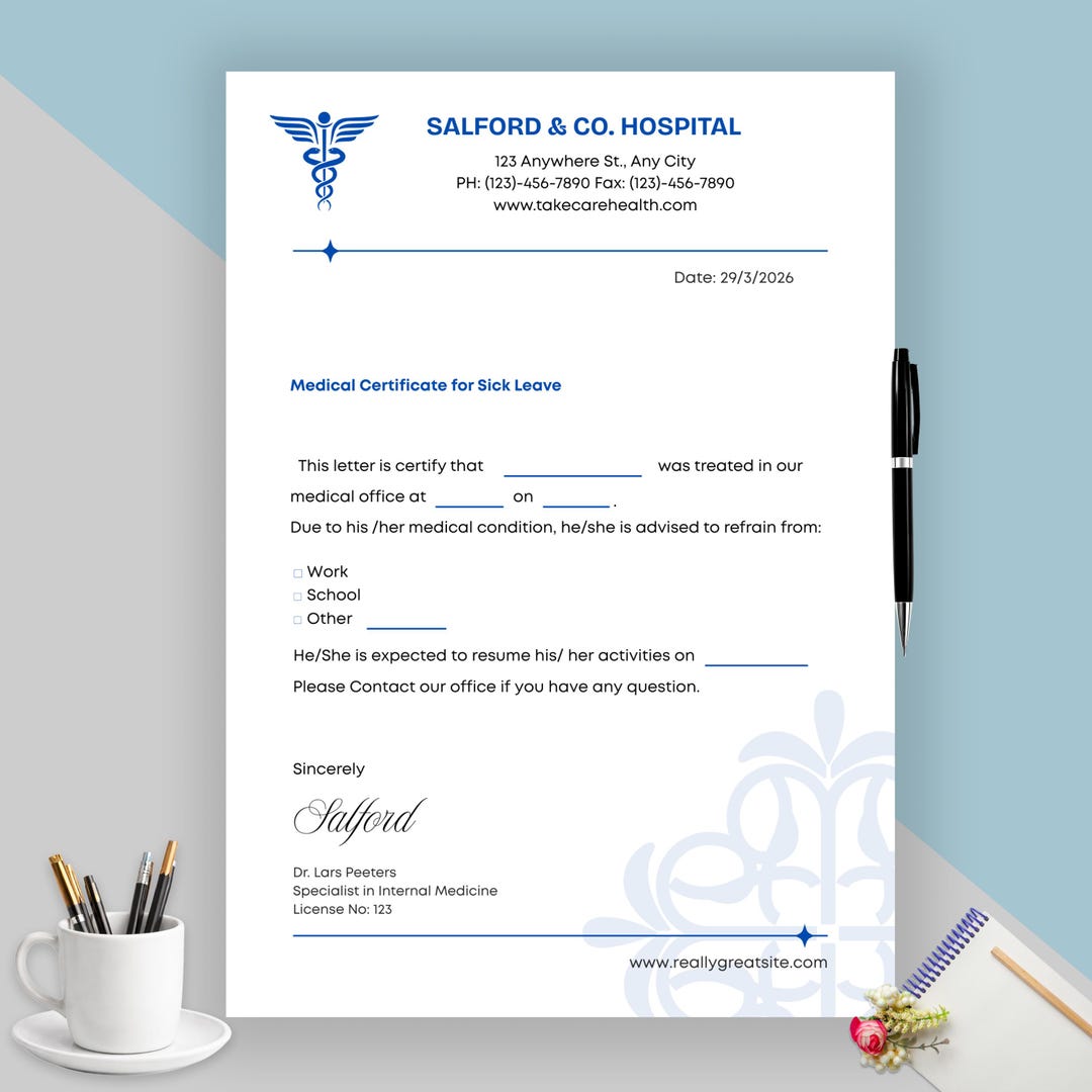Editable Doctor Excuse Note Template, Medical Sick Leave Form for Work ...
