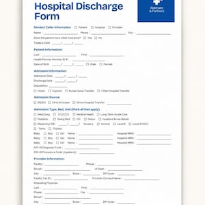Puede incluir: Un formulario de alta hospitalaria blanco con texto y encabezados en azul. El documento incluye secciones para información del remitente, información del paciente, información de admisión, fuente de admisión, tipo de admisión y proveedor.