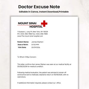 May include: A white document titled Doctor Excuse Note with text including Mount Sinai Hospital, a red cross symbol, patient details for James Stiphen, and a formal medical statement regarding work or school clearance with specific dates.