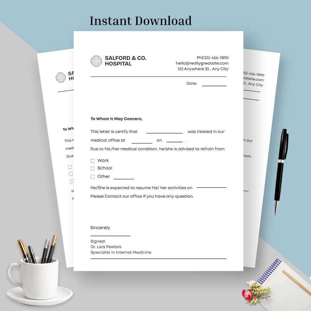 Editable Doctor Excuse Note Template | Printable Sick Leave Form for ...