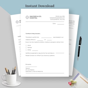 May include: A stack of white medical forms with the text "Instant Download" at the top. The forms include the text "SALFORD & CO. HOSPITAL" and fields for patient information and medical details. A pen and a mug with pens are in the image.