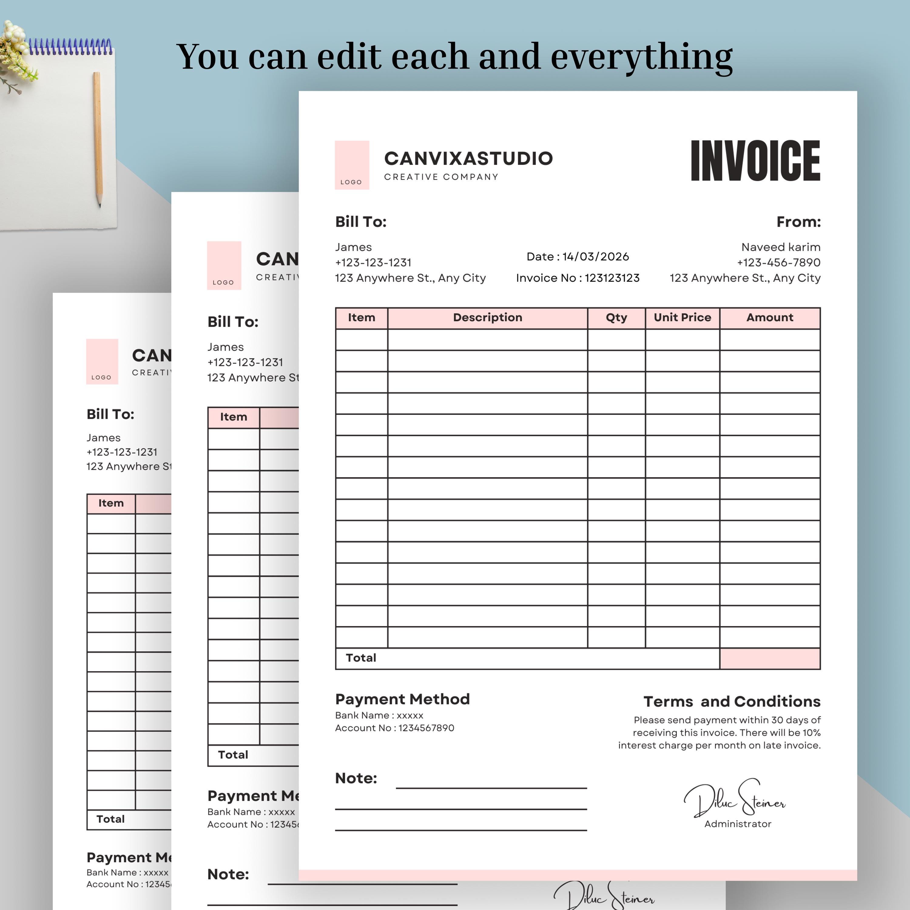 New Invoice Template | Editable Canva Billing Form | Printable Small ...