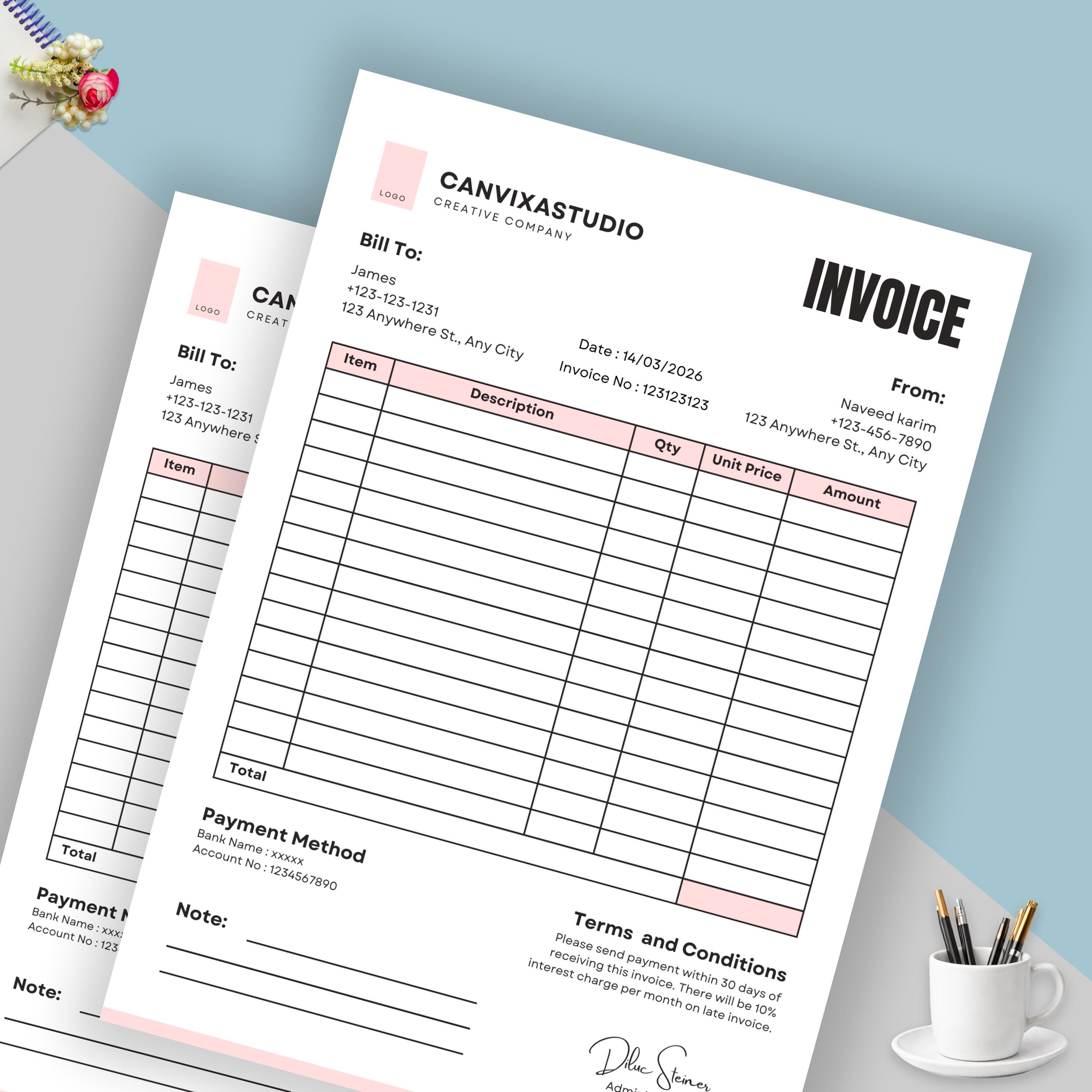 New Invoice Template | Editable Canva Billing Form | Printable Small ...