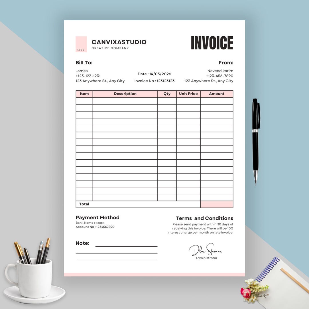 New Invoice Template | Editable Canva Billing Form | Printable Small ...