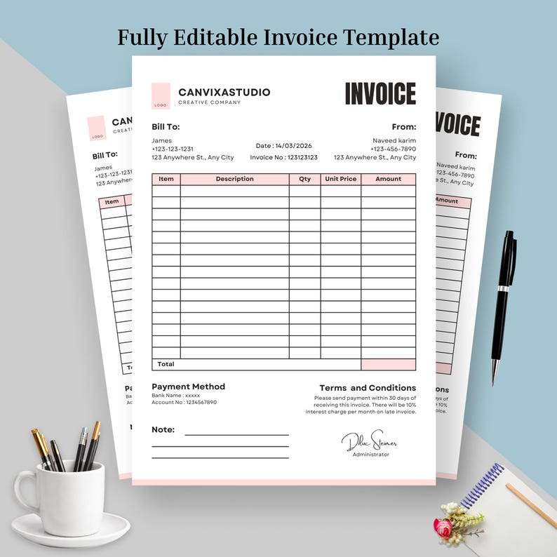 New Invoice Template | Editable Canva Billing Form | Printable Small ...