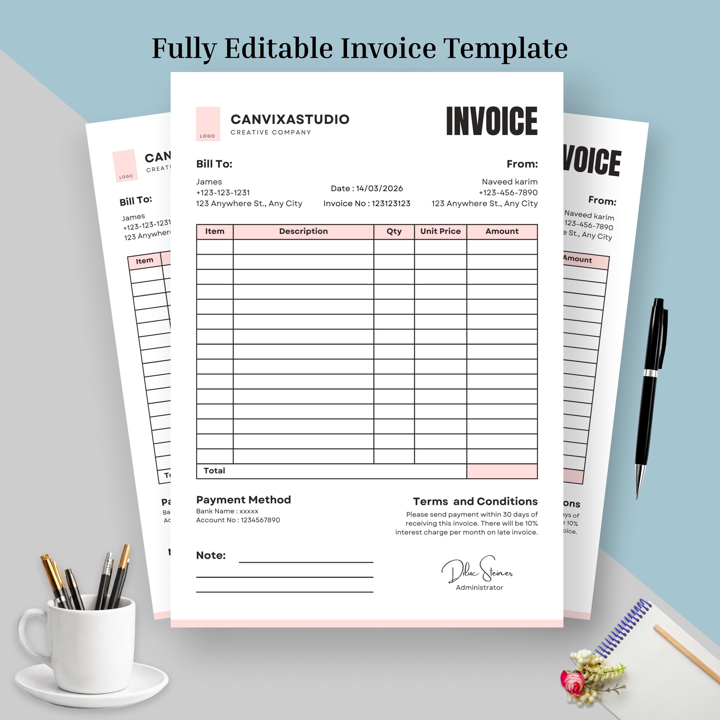 New Invoice Template | Editable Canva Billing Form | Printable Small ...