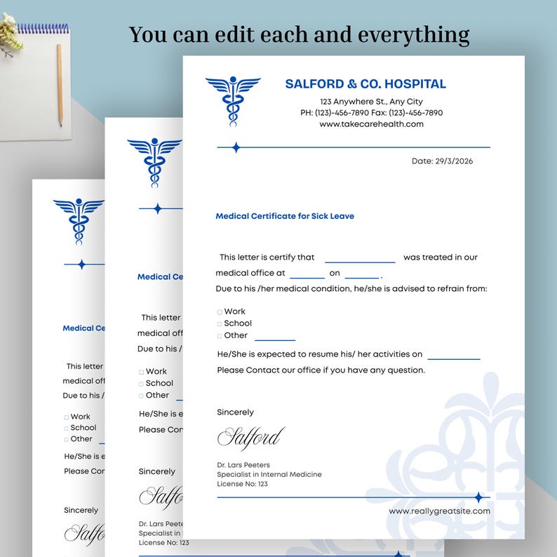 Editable Doctor Excuse Note Template, Medical Sick Leave Form for Work ...