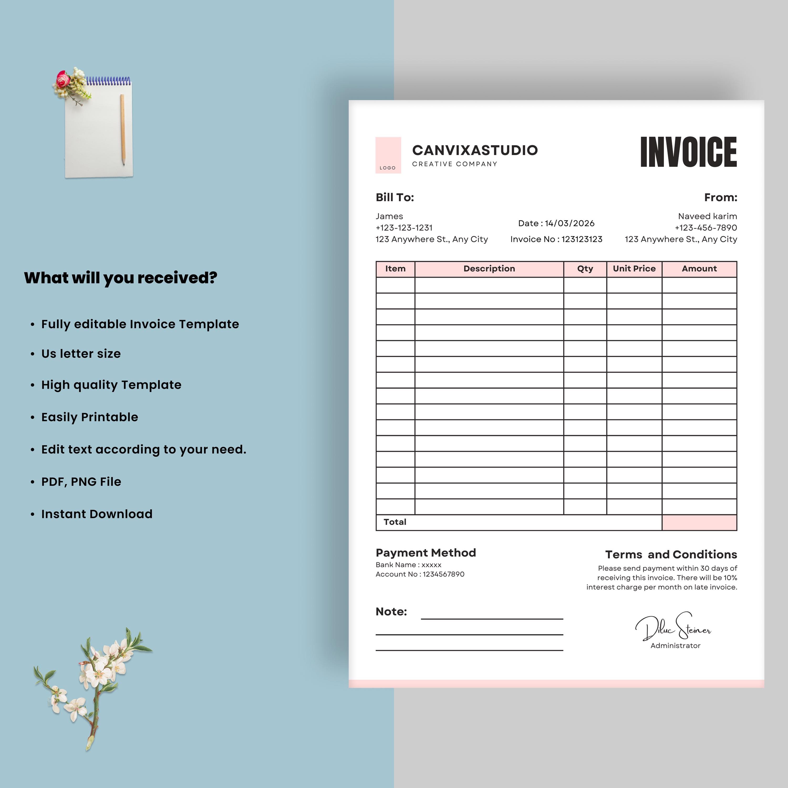 New Invoice Template | Editable Canva Billing Form | Printable Small ...