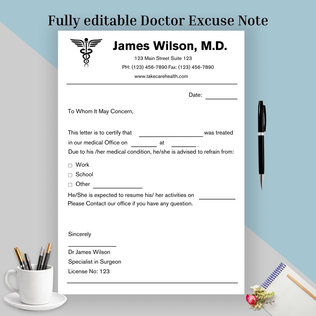Editable Doctors Excuse Template, Doctor Note for Work School, Medical ...