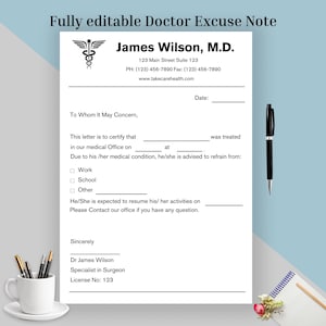 Editable Doctors Excuse Template, Doctor Note for Work School, Medical Absence Form Canva PDF
