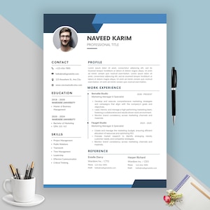 May include: A professional resume template with a photo, contact details, education, skills, work experience, and references. The resume is primarily white with blue accents and includes the name Naveed Karim.