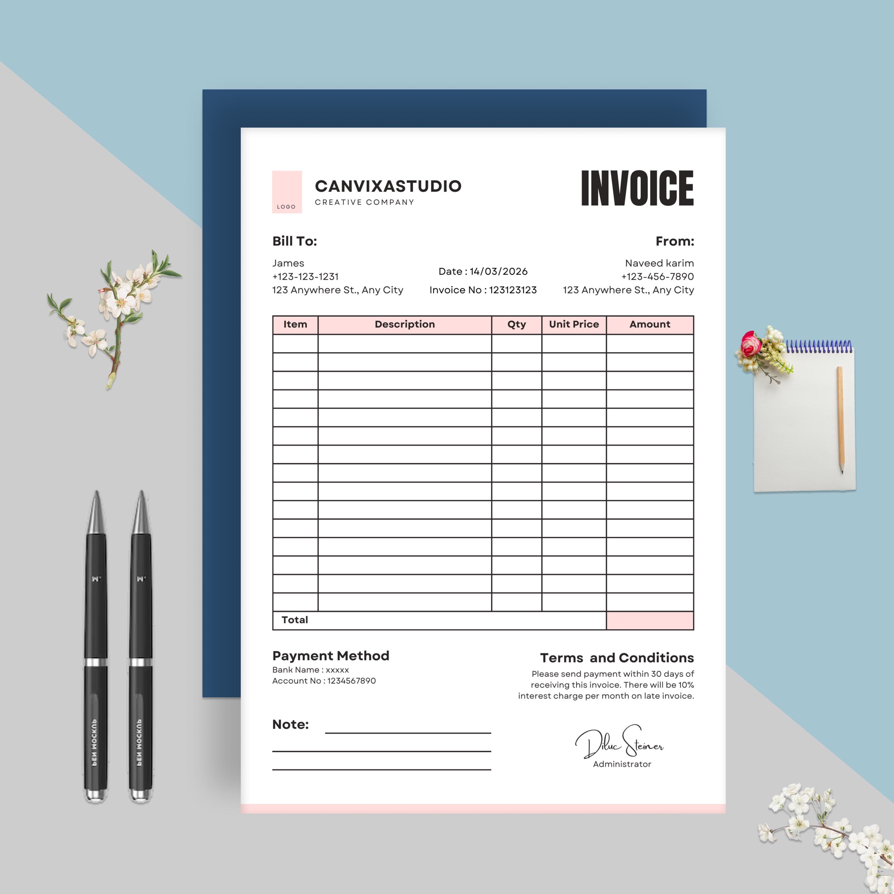 New Invoice Template | Editable Canva Billing Form | Printable Small ...