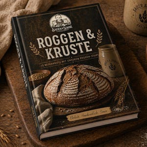 Può includere: Un libro di cucina intitolato "Roggen & Kruste" con una pagnotta di pane sulla copertina. Il libro è su un tagliere di legno con grano e un piccolo vaso di ceramica. La copertina presenta il testo "Sauer & Sohne".