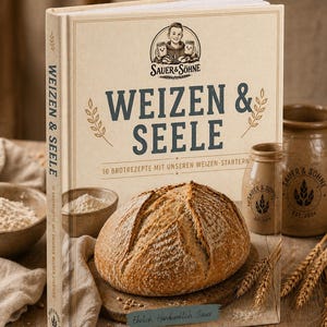 Puede incluir: Un libro de cocina titulado "WEIZEN & SEELE" con una hogaza de pan en la portada. El libro presenta el texto "10 BROTREZEPTE MIT UNSEREN WEIZEN-STARTERN" y la marca "SAUER & SÖHNE". La imagen incluye trigo y pequeños tarros de cerámica.