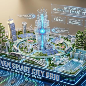 Puede incluir: Una representación 3D futurista de una red de ciudad inteligente impulsada por IA. La imagen muestra un diseño de ciudad circular con rascacielos, paneles solares, turbinas eólicas y una estructura energética central. El texto incluye "AI-DRIVEN SMART CITY GRID" y detalles sobre las funciones de la ciudad.