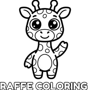 Puede incluir: Ilustración en blanco y negro de una jirafa de dibujos animados con grandes ojos y manchas. La jirafa está saludando y el texto "MY GIRAFFE COLORING BOOK" está en la parte inferior.