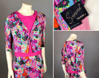 1960s Floral Pink Silk Mod Miniskirt Set by Sonni of California - Size 10