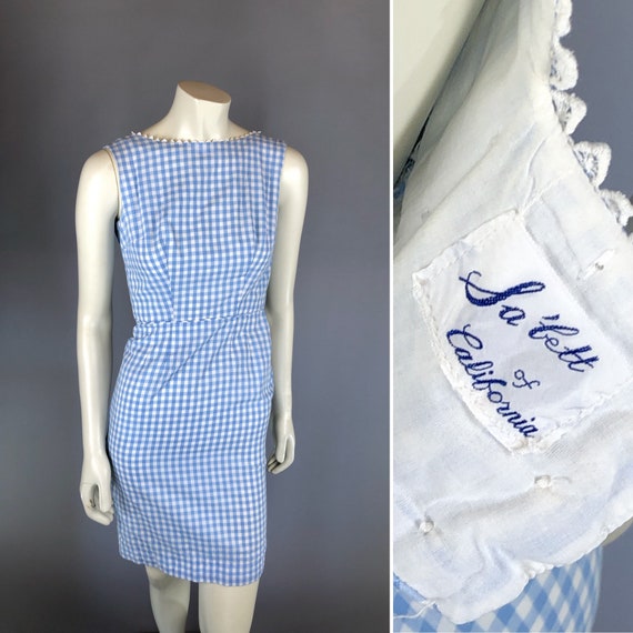 1950s Blue Gingham Cotton Wiggle Dress by Sa'bett 