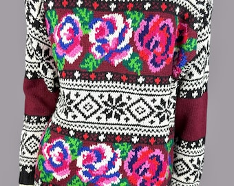 1990s Rose Motif Cotton Ramie Long Knit Turtleneck Sweater by Casual Corner, Black White Pink Red, NWT / NOS