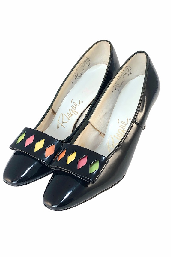1960s Mod Black Patent Heels Shoes w/ Multicolor P