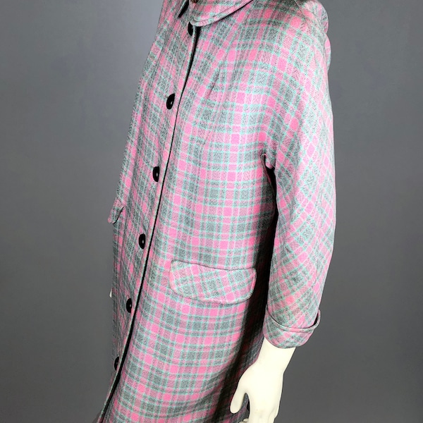 1960s Pink & Teal Plaid Wool Coat - Sz 6/8