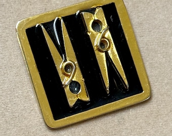 Vintage 1990s Signed MOSCHINO Gold Tone Black Enamel Clothespin Motif Square Pin Brooch - Excellent Condition