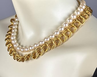 Vintage 1990s Chunky Gold Chain & Faux Pearl Choker Necklace by MARVELLA - NWT, Unworn, NIB