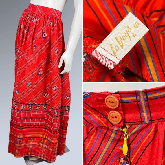 LE VOY'S 1960s 1970s Red Cotton Maxi Skirt in Pla… - image 1