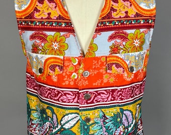 1990s Moschino Jeans Printed Pattern Cotton Vest, Size IT 52, US L/XL, Organic Retro Floral Paisley Print, Vibrant Colors