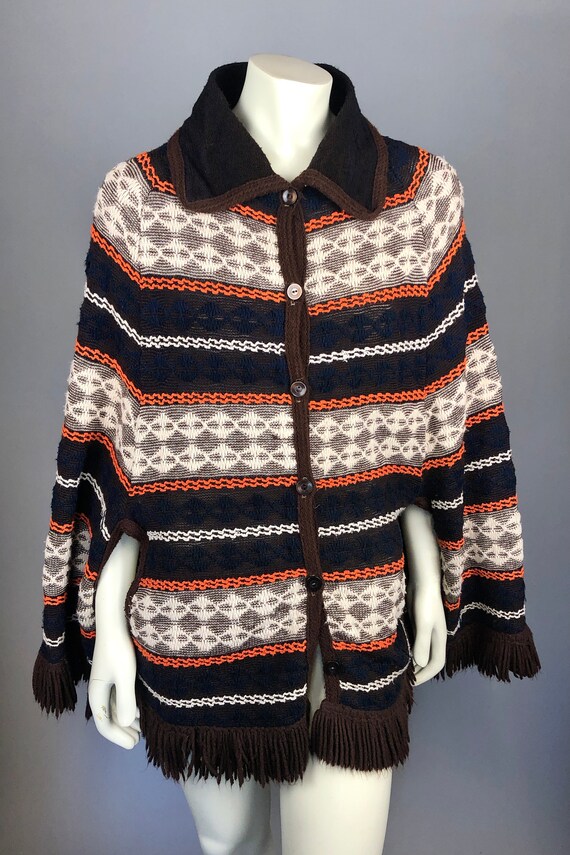 1970s Knit Button-front Cape Poncho Cardigan