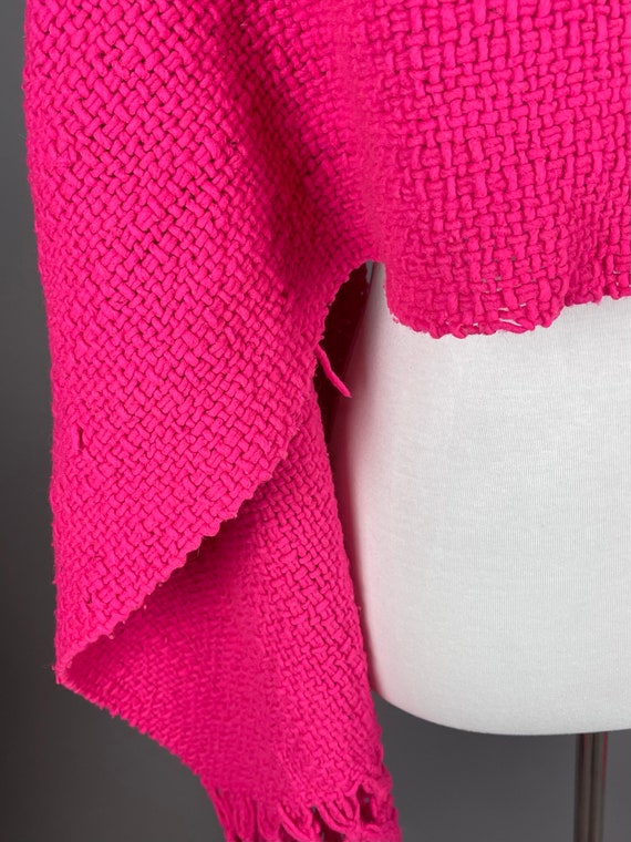 1960s Hot Pink Knit Blanket Scarf Shawl Wrap w/ K… - image 3