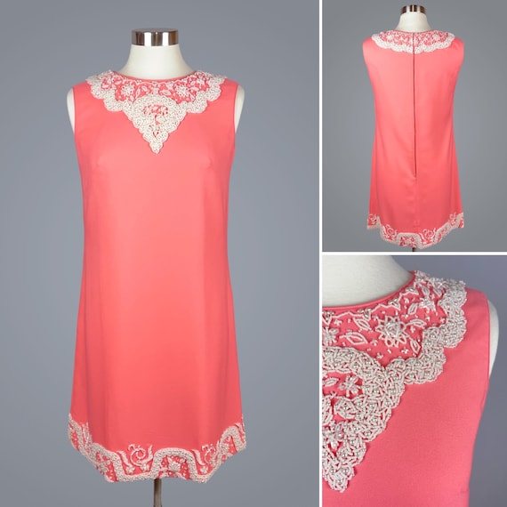 Deadstock 1960's Coral Beaded Shift Dress - Excel… - image 1