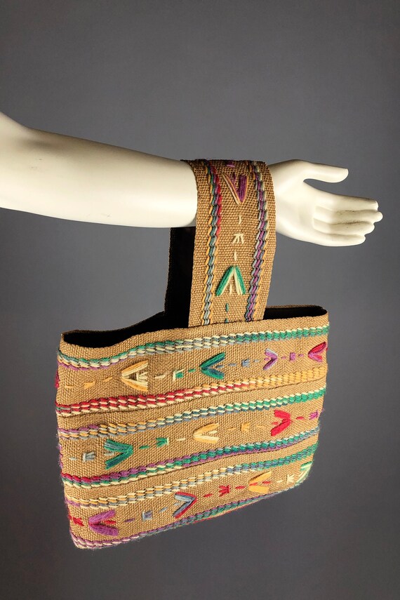 1970s Embroidered Burlap Arm Sling Tote Handbag