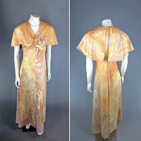 1970s Yellow & Orange Swirl, Marble-Print Dress w… - image 1