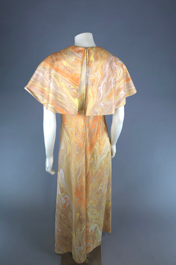 1970s Yellow & Orange Swirl, Marble-Print Dress w… - image 3