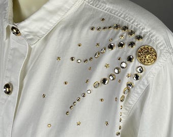 1980s Caché Embellished Bejeweled White Cotton Oxford Shirt Blouse, Sz. 10, NWT Deadstock