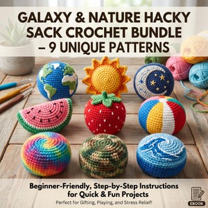 May include: A collection of nine crocheted hacky sacks featuring designs of the Earth, a sun, a moon, a watermelon slice, a strawberry, a beach ball, a tie-dye sphere, a camouflage sphere, and a wave, with text reading GALAXY & NATURE HACKY SACK CROCHET BUNDLE – 9 UNIQUE PATTERNS.