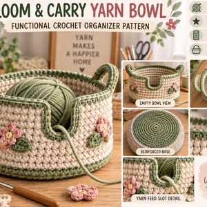 May include: A crochet yarn bowl with a 18 cm diameter, featuring a cream and sage green color scheme, two carry handles, and a yarn feed slot. The bowl is decorated with pink floral appliqués and green leaves, and includes a reinforced base.