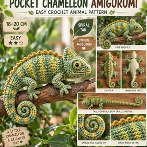 May include: A crochet pattern for a pocket chameleon amigurumi, featuring a green and yellow striped lizard with a spiral tail. The image displays the finished toy from multiple angles, including top, side, and underside views, with 18-20 cm size text.