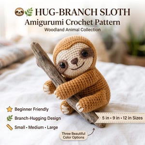 Sloth Crochet Pattern PDF, Hug Branch Sloth Amigurumi Pattern, Hanging Sloth Plush Crochet Toy, Beginner Crochet Pattern