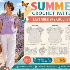 Puede incluir: Un patrón de ganchillo digital para una camiseta de manga corta color lavanda titulada Lavender Sky Crochet Tee. El documento incluye diagramas técnicos, vistas frontal y posterior, detalles de puntos y una tabla de tallas con medidas en cm.
