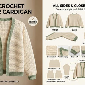 May include: A crochet cardigan pattern featuring a cream-colored body with sage green trim on the cuffs, hem, and neckline. The image displays the finished garment, various construction angles, stitch details, assembly diagrams, and yarn supplies.