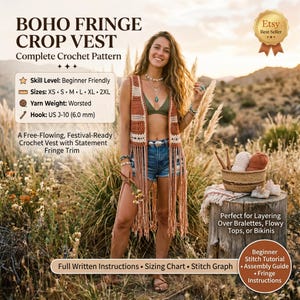 May include: A crochet pattern for a boho fringe crop vest. The text includes BOHO FRINGE CROP VEST, Complete Crochet Pattern, Skill Level: Beginner Friendly, Sizes: XS-2XL, Yarn Weight: Worsted, and Hook: US J-10 (6.0 mm). Includes written instructions.