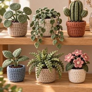 Op de afbeelding: Een verzameling van zes gehaakte planten in pot. De set bevat een pannenkoekplant, een hartjesplant, een cactus met witte bloemen, een groene plant in een blauwe pot, een varen en een plant met roze bloemen, allemaal in gehaakte potten.