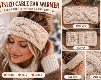 May include: A beige crochet ear warmer headband featuring a twisted cable knit pattern. The design includes a front view, back view, side view, and close-up cable detail. Text on the image reads TWISTED CABLE EAR WARMER, EASY CROCHET HEADBAND PATTERN, 3 SIZES, EASY, CROCHET CABLE, WINTER ACCESSORY, CHILD, TEEN, ADULT, and Warm Cozy Handmade Always a good idea.