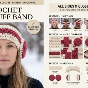 May include: A crochet pattern infographic for an earmuff band. The design features a cream and berry red striped headband with circular ear pads. The document includes six views, macro close-ups of the stitch work, assembly diagrams, and a list of materials including a 5.0 mm crochet hook.